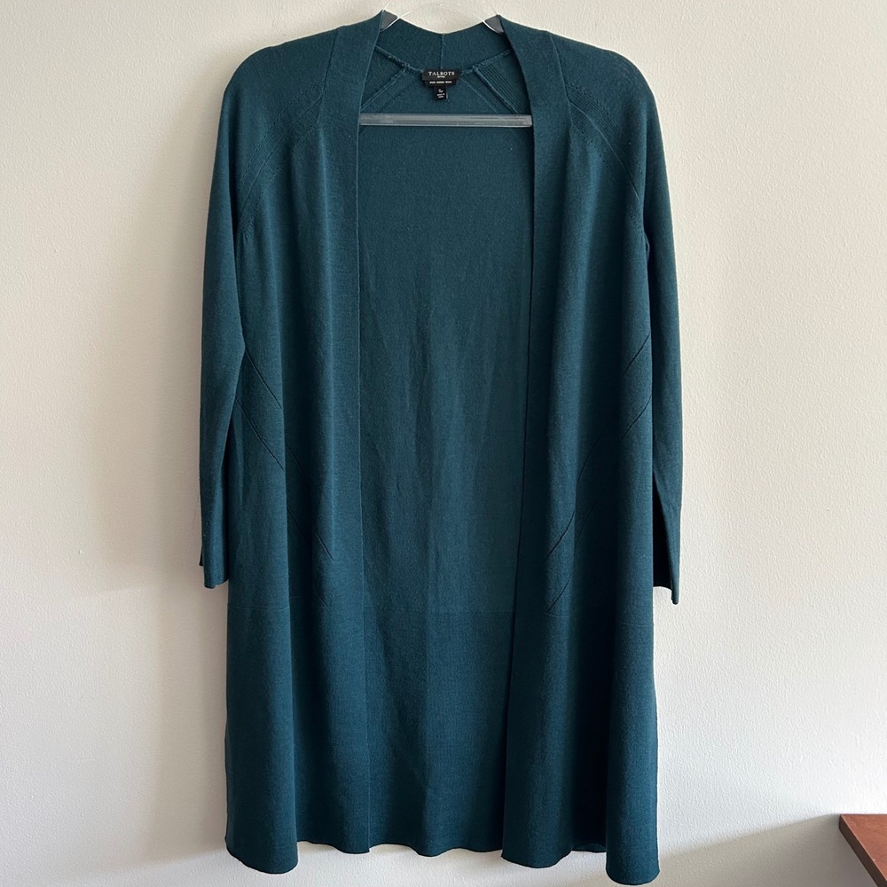 Talbots Petite Cardigan Teal Green SP Pure Merino Wool Open Front Duster